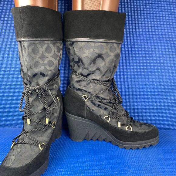 🔴 COACH MAISY Women`s Size 8.5 Black Monogram Suede Leather Wedge Boots A7292 - Picture 6 of 8